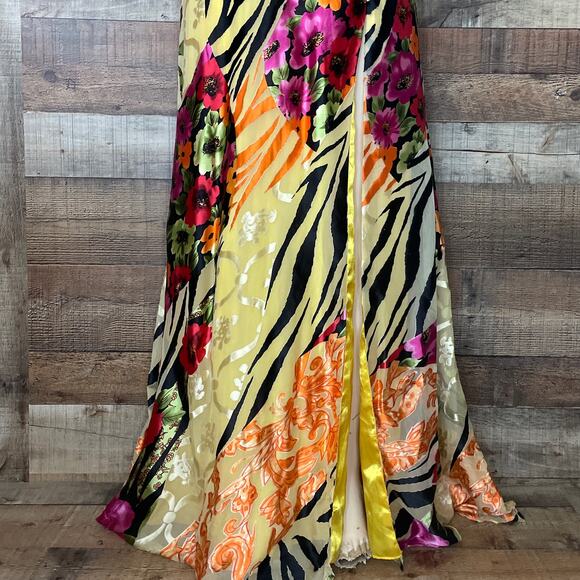 Paris Tony Bowls Yellow Floral Tiger Plunging Neck Sequin Silk Gown Dress Size 8 - Picture 4 of 14